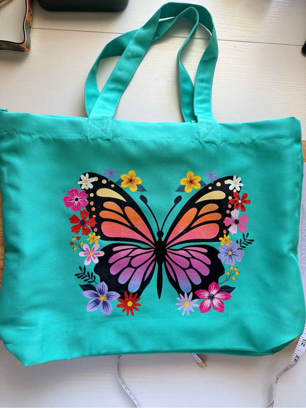 Turquoise Butterfly Floral Canvas Tote Bag for Women